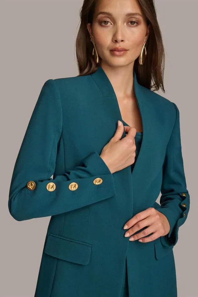 Women Donna Karan Blazers COLLARLESS JACKET WITH BUTTON DETAIL ON SLEEVE Peacock
