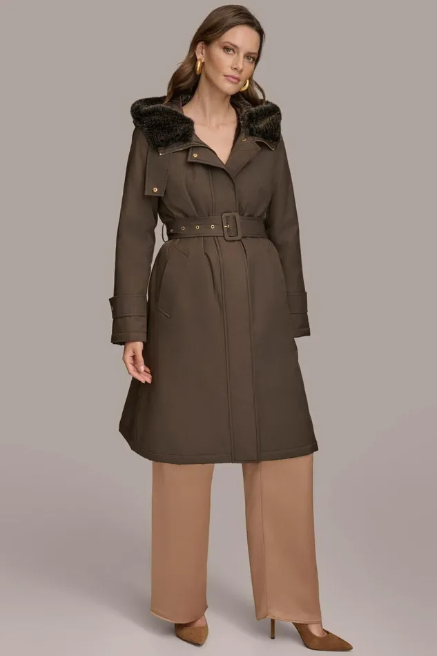 Women Donna Karan Coats And Jackets FAUX FUR TRIM LINED RAIN COAT Brown