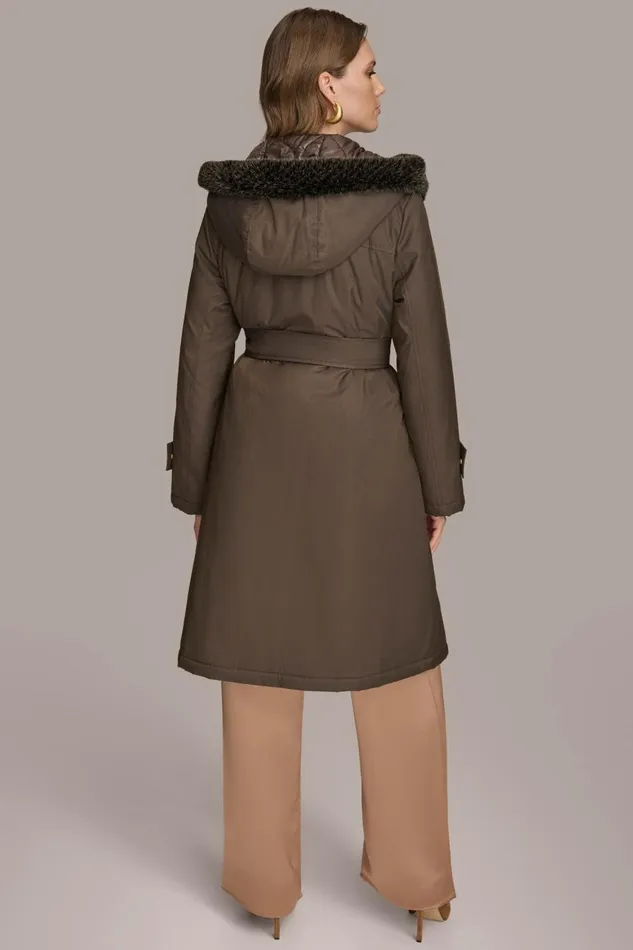 Women Donna Karan Coats And Jackets FAUX FUR TRIM LINED RAIN COAT Brown
