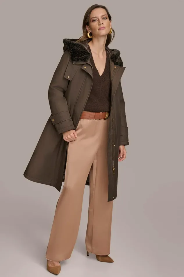 Women Donna Karan Coats And Jackets FAUX FUR TRIM LINED RAIN COAT Brown