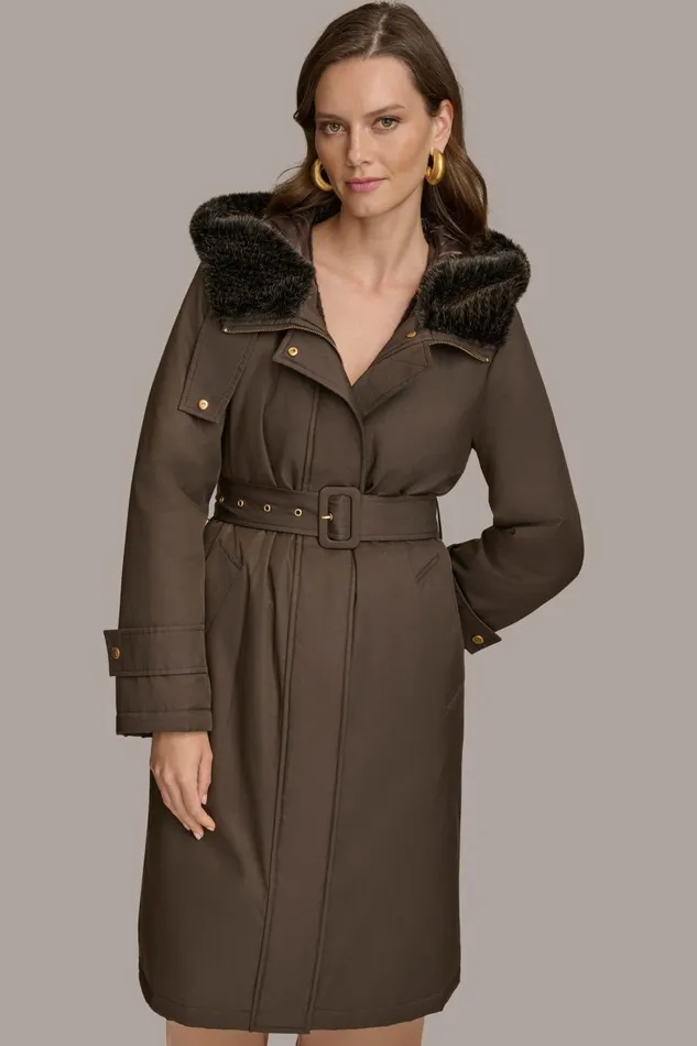 Women Donna Karan Coats And Jackets FAUX FUR TRIM LINED RAIN COAT Brown