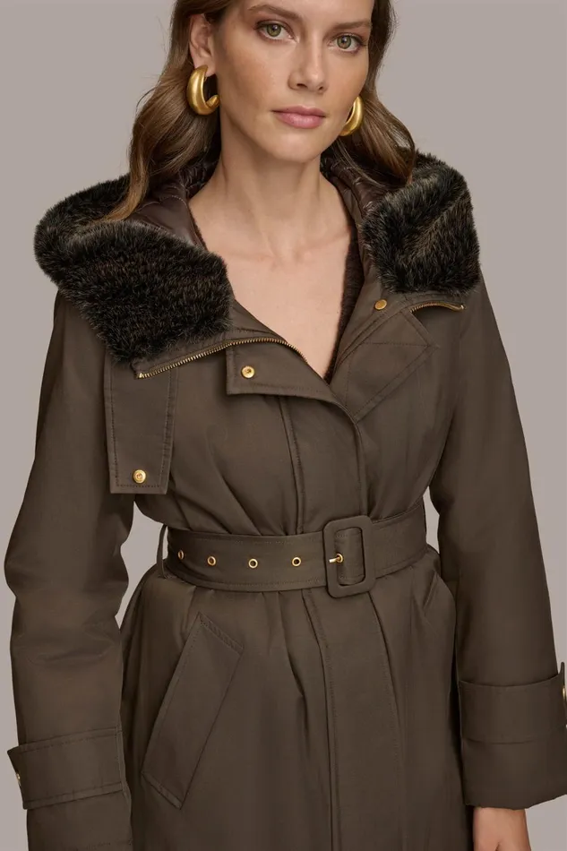 Women Donna Karan Coats And Jackets FAUX FUR TRIM LINED RAIN COAT Brown