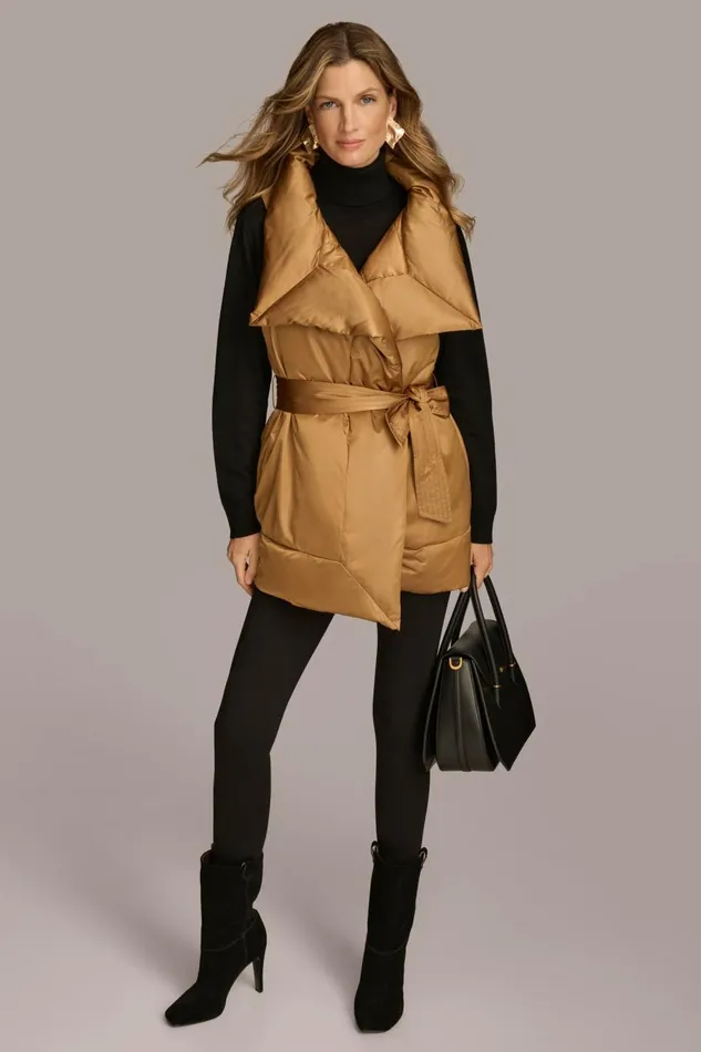 Women Donna Karan Coats And Jackets LONG BELTED PUFFR VEST Antique Gold
