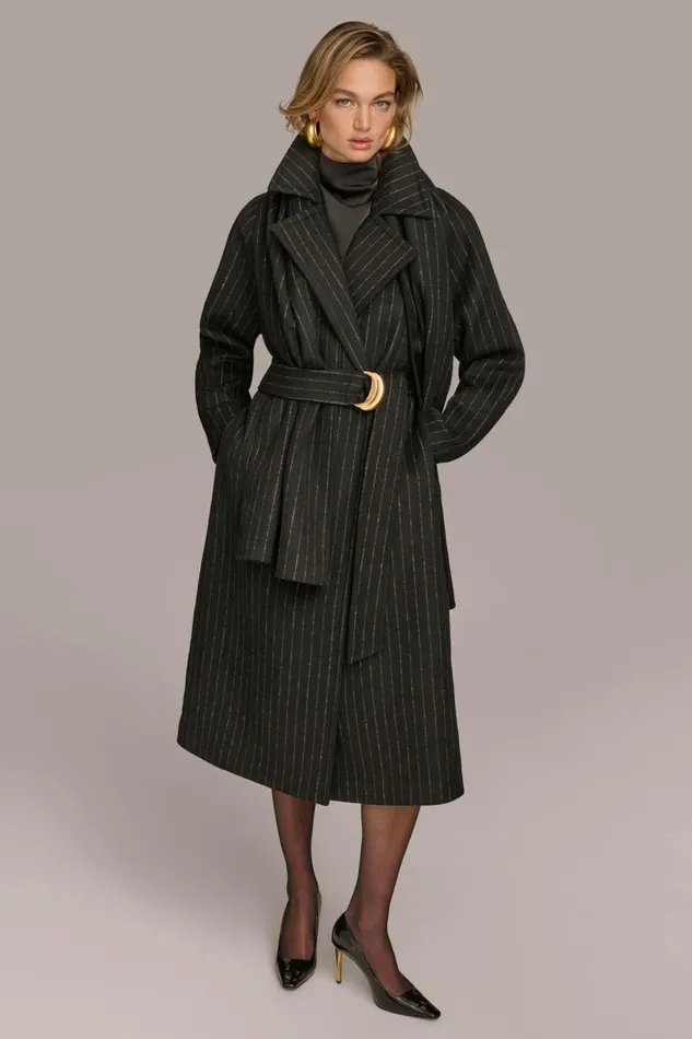 Women Donna Karan Coats And Jackets WOOL LONG COAT Chalkblack Stripe
