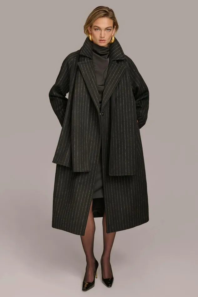 Women Donna Karan Coats And Jackets WOOL LONG COAT Chalkblack Stripe