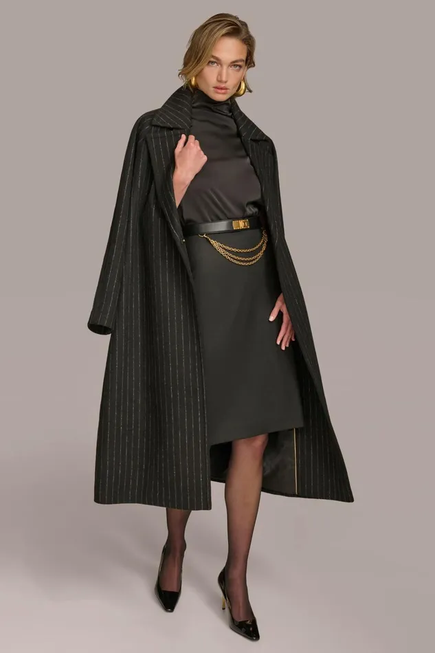 Women Donna Karan Coats And Jackets WOOL LONG COAT Chalkblack Stripe