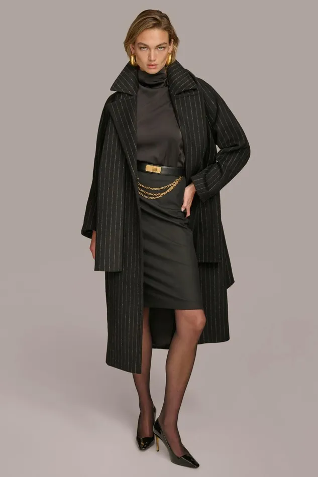 Women Donna Karan Coats And Jackets WOOL LONG COAT Chalkblack Stripe