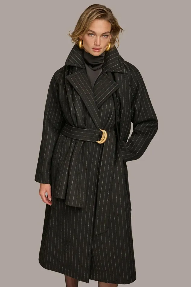 Women Donna Karan Coats And Jackets WOOL LONG COAT Chalkblack Stripe