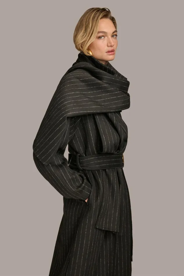 Women Donna Karan Coats And Jackets WOOL LONG COAT Chalkblack Stripe
