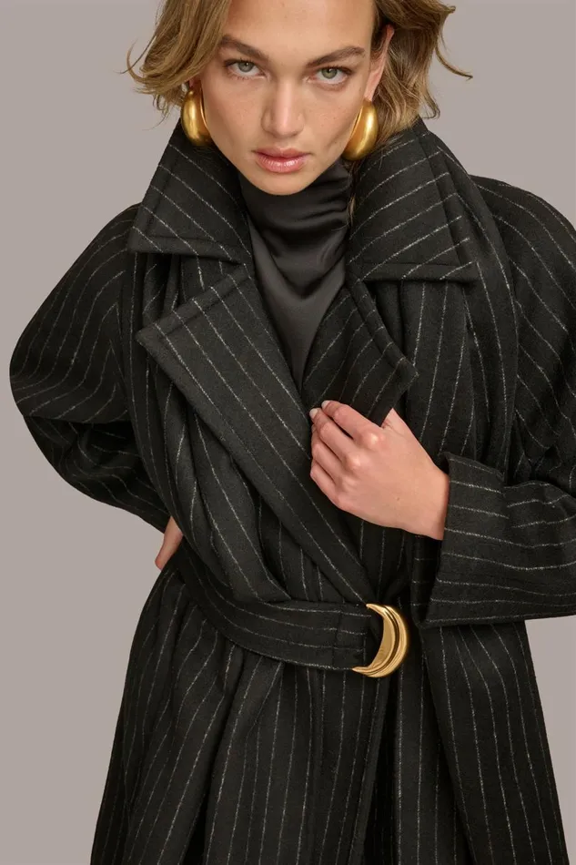 Women Donna Karan Coats And Jackets WOOL LONG COAT Chalkblack Stripe