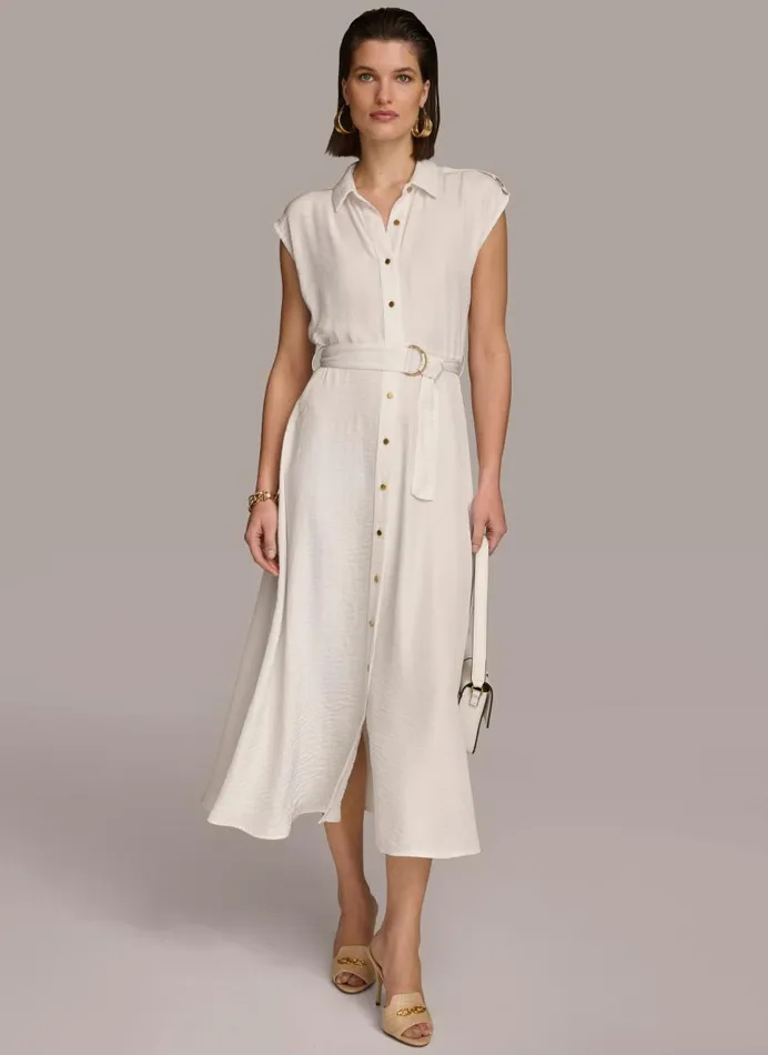 Women Donna Karan Dresses And Jumpsuits BUTTON FRONT BELTED DRESS Cream