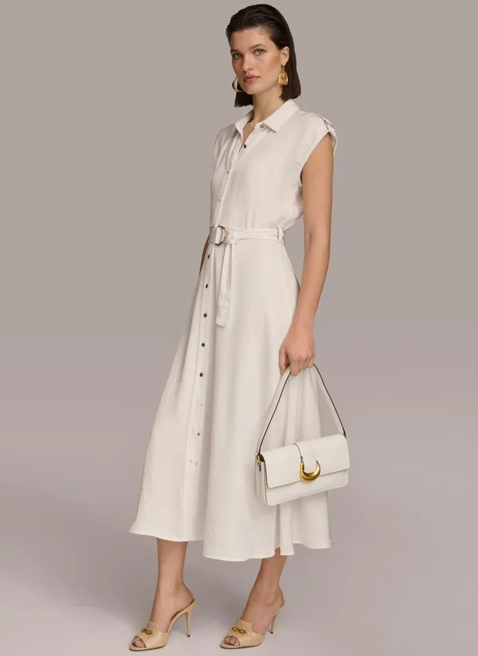 Women Donna Karan Dresses And Jumpsuits BUTTON FRONT BELTED DRESS Cream