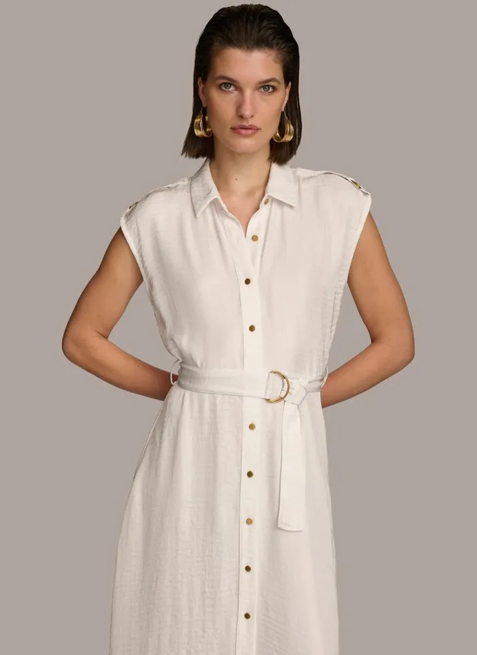 Women Donna Karan Dresses And Jumpsuits BUTTON FRONT BELTED DRESS Cream