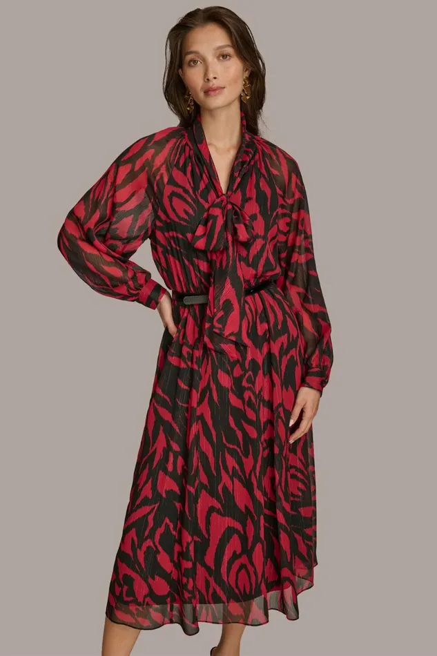 Women Donna Karan Dresses And Jumpsuits CHIFFON SHIRT DRESS MIDI WITH BELT Redblack Multi