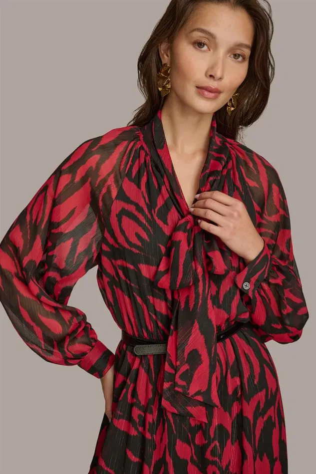 Women Donna Karan Dresses And Jumpsuits CHIFFON SHIRT DRESS MIDI WITH BELT Redblack Multi
