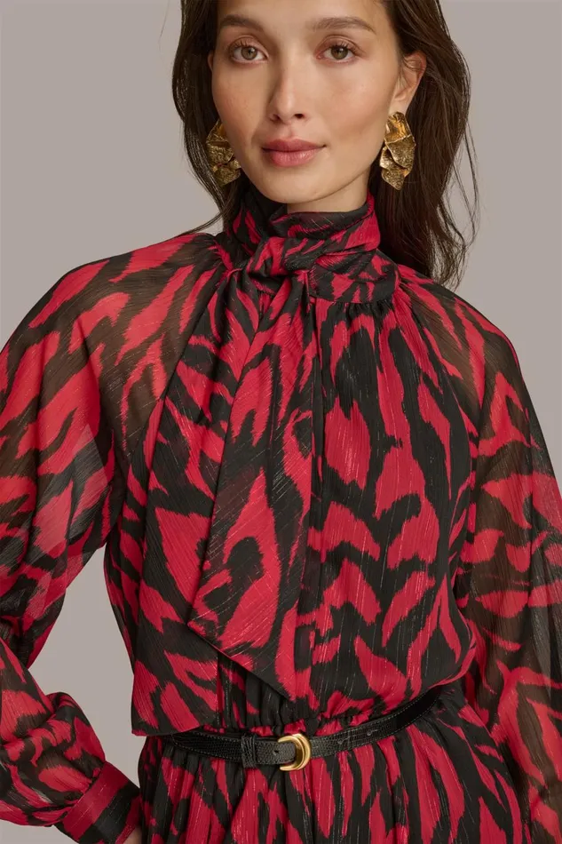 Women Donna Karan Dresses And Jumpsuits CHIFFON SHIRT DRESS MIDI WITH BELT Redblack Multi