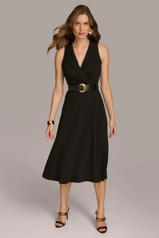 Women Donna Karan Dresses And Jumpsuits CREPE FIT AND FLARE DRESS WITH BELT Black