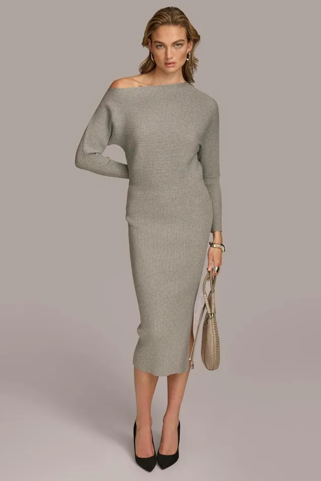 Women Donna Karan Dresses And Jumpsuits ONE SHOULDER SWEATER MIDI DRESS Steel Heather Women Donna Karan Dresses And Jumpsuits ONE SHOULDER SWEATER MIDI DRESS Steel Heather