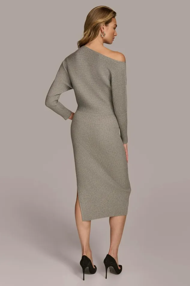 Women Donna Karan Dresses And Jumpsuits ONE SHOULDER SWEATER MIDI DRESS Steel Heather