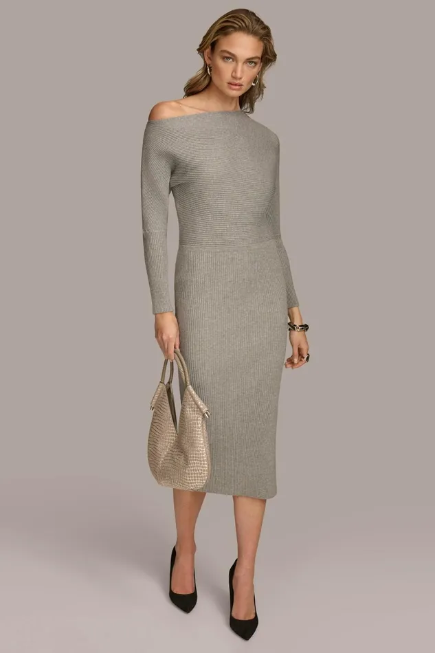 Women Donna Karan Dresses And Jumpsuits ONE SHOULDER SWEATER MIDI DRESS Steel Heather