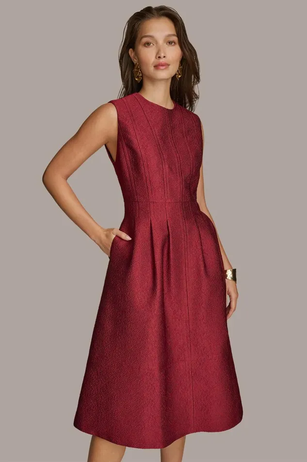 Women Donna Karan Dresses And Jumpsuits PEBBLE JACQUARD FIT AND FLARE DRESS Cabernet