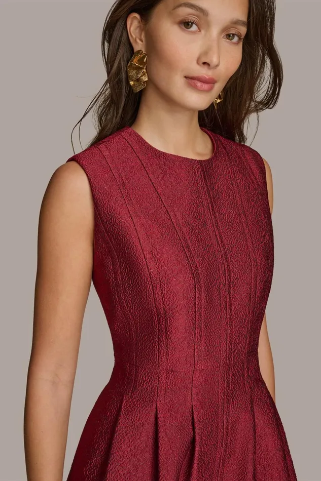 Women Donna Karan Dresses And Jumpsuits PEBBLE JACQUARD FIT AND FLARE DRESS Cabernet