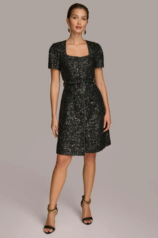 Women Donna Karan Dresses And Jumpsuits SQUARE NECK SEQUIN A LINE DRESS Black Women Donna Karan Dresses And Jumpsuits SQUARE NECK SEQUIN A LINE DRESS Black