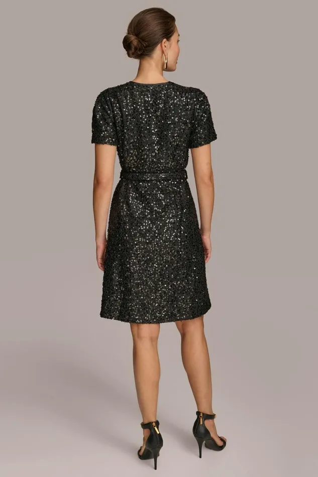 Women Donna Karan Dresses And Jumpsuits SQUARE NECK SEQUIN A LINE DRESS Black