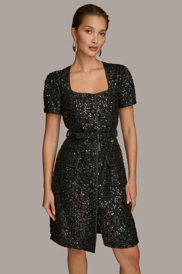Women Donna Karan Dresses And Jumpsuits SQUARE NECK SEQUIN A LINE DRESS Black