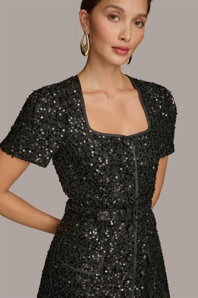 Women Donna Karan Dresses And Jumpsuits SQUARE NECK SEQUIN A LINE DRESS Black