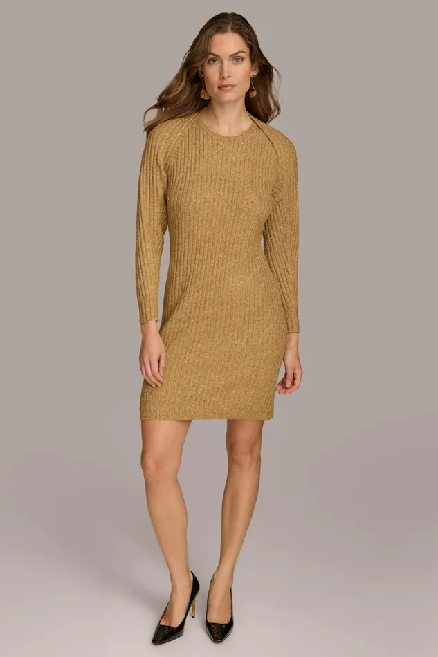 Women Donna Karan Dresses And Jumpsuits SWEATER DRESS WITH SHRUG Gold