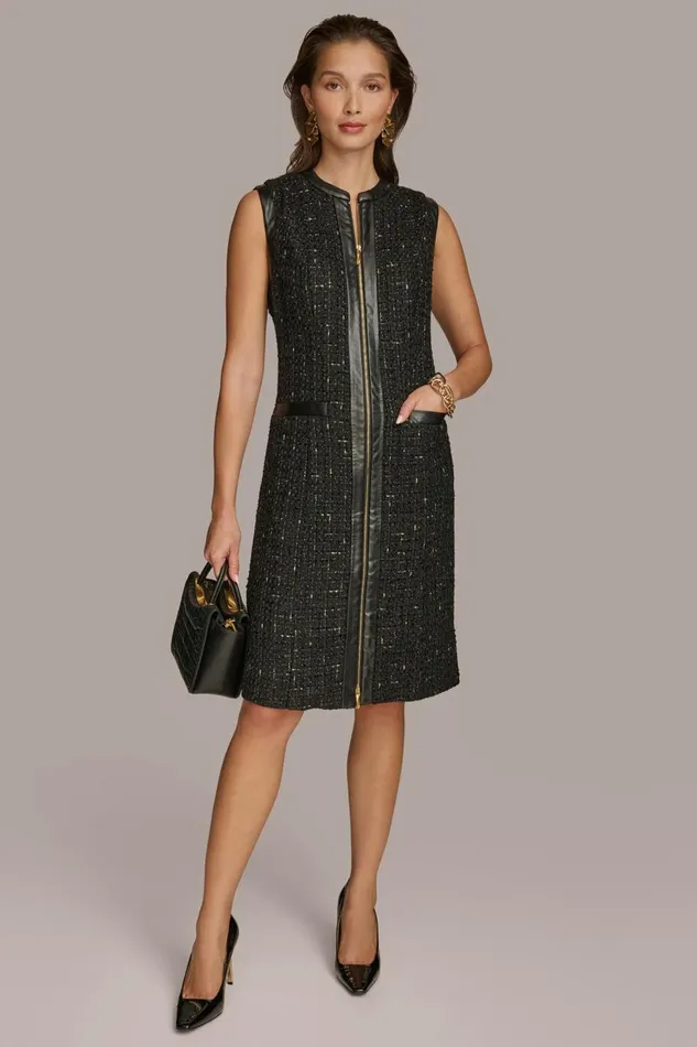 Women Donna Karan Dresses And Jumpsuits TWEED A LINE DRESS WITH FRONT ZIPPER Black