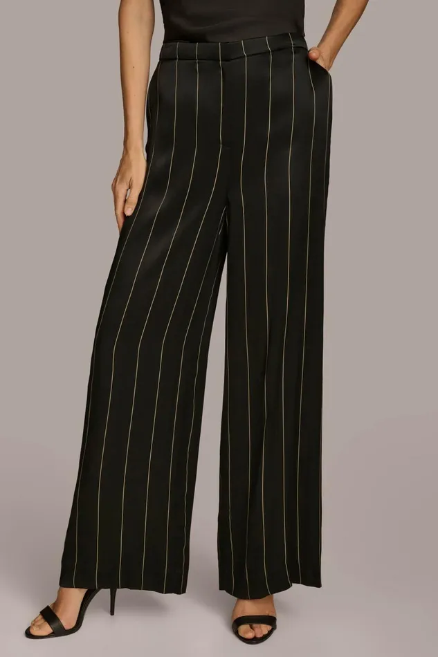 Women Donna Karan Pants WIDE LEG PINSTRIPE PANT Black