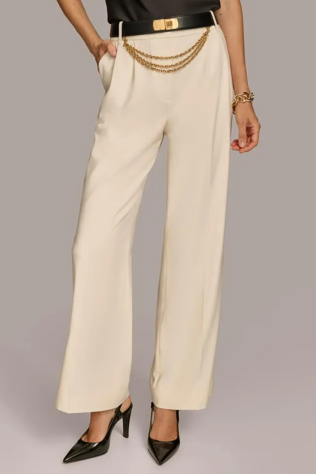 Women Donna Karan Pants WIDE LEG TROUSER WITH CHAIN BELT Ivory