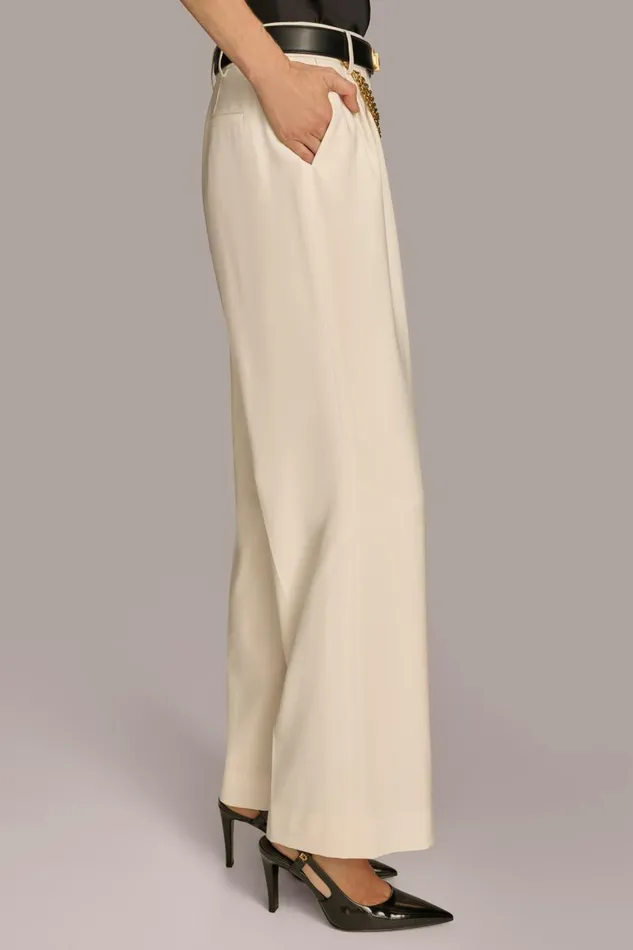 Women Donna Karan Pants WIDE LEG TROUSER WITH CHAIN BELT Ivory