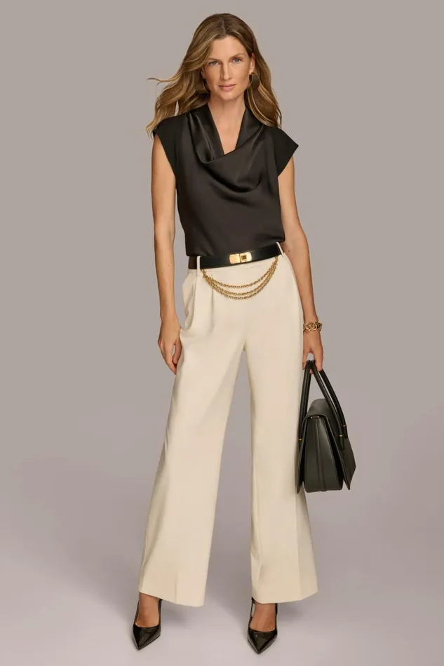Women Donna Karan Pants WIDE LEG TROUSER WITH CHAIN BELT Ivory