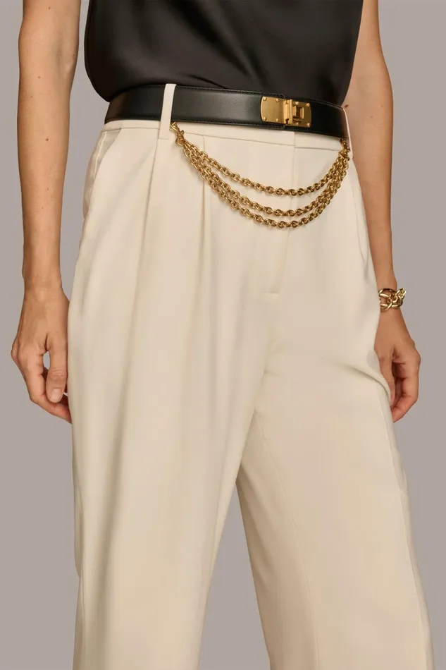 Women Donna Karan Pants WIDE LEG TROUSER WITH CHAIN BELT Ivory