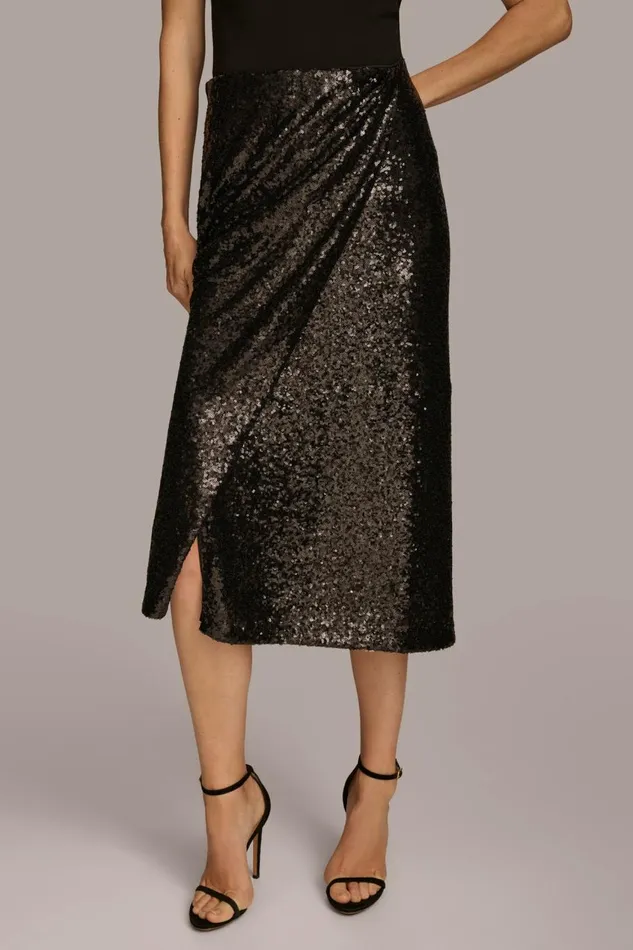 Women Donna Karan Skirts FAUX WRAP SEQUIN SKIRT Black
