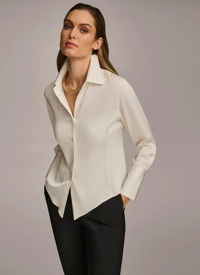 Women Donna Karan Sweaters And Tops COLLARED BUTTON DOWN BLOUSE Cream