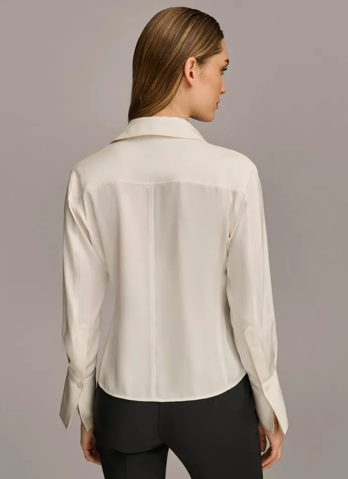 Women Donna Karan Sweaters And Tops COLLARED BUTTON DOWN BLOUSE Cream