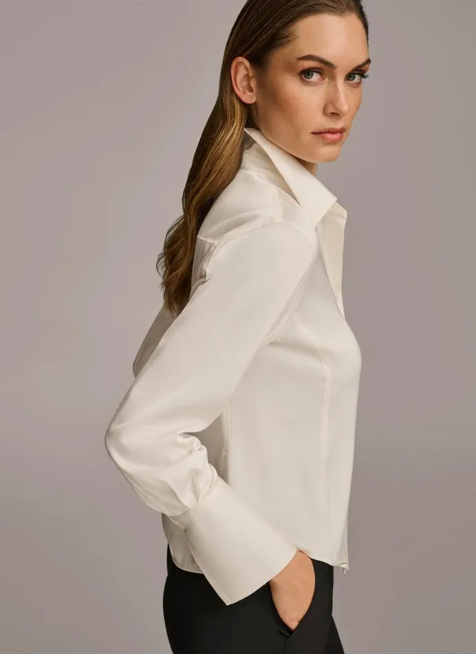 Women Donna Karan Sweaters And Tops COLLARED BUTTON DOWN BLOUSE Cream