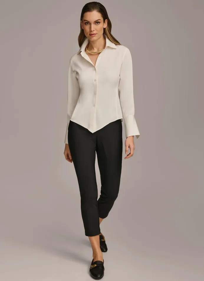 Women Donna Karan Sweaters And Tops COLLARED BUTTON DOWN BLOUSE Cream