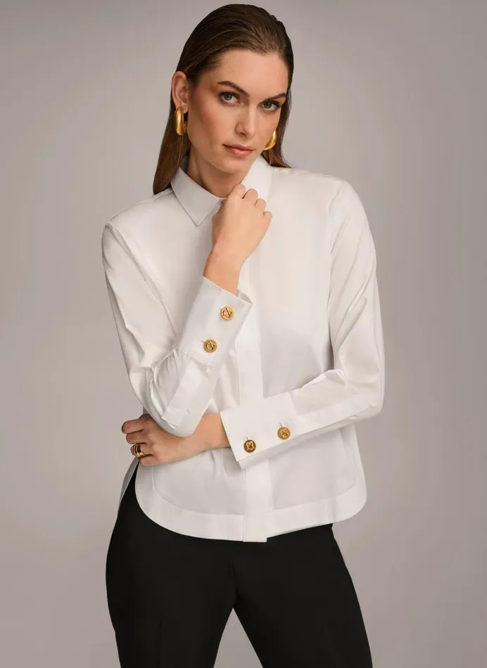 Women Donna Karan Sweaters And Tops COTTON COLLARED BUTTON DOWN White