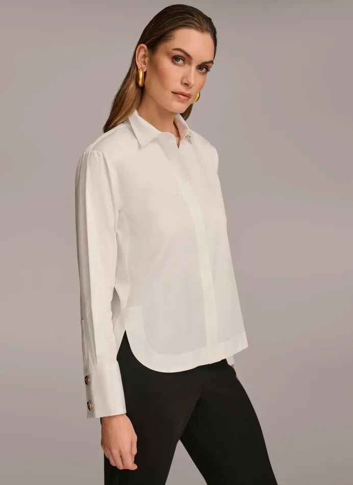 Women Donna Karan Sweaters And Tops COTTON COLLARED BUTTON DOWN White
