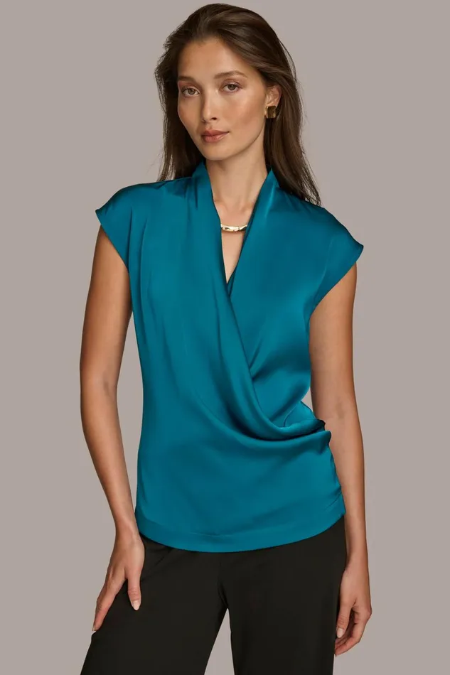 Women Donna Karan Sweaters And Tops FAUX WRAP TOP Empire Teal