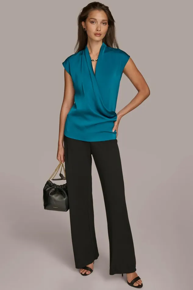 Women Donna Karan Sweaters And Tops FAUX WRAP TOP Empire Teal