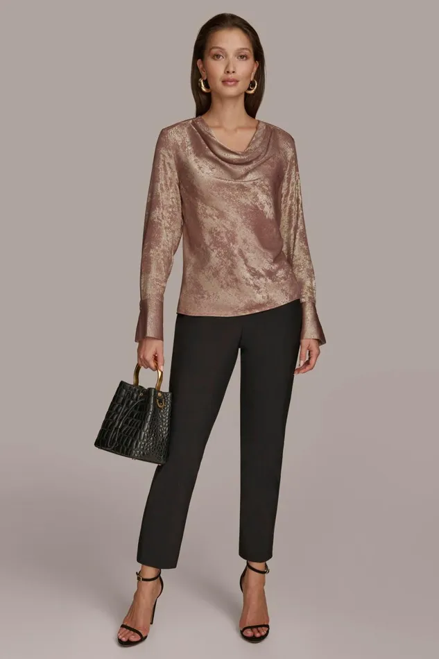Women Donna Karan Sweaters And Tops METALLIC COWL NECK TOP Mink