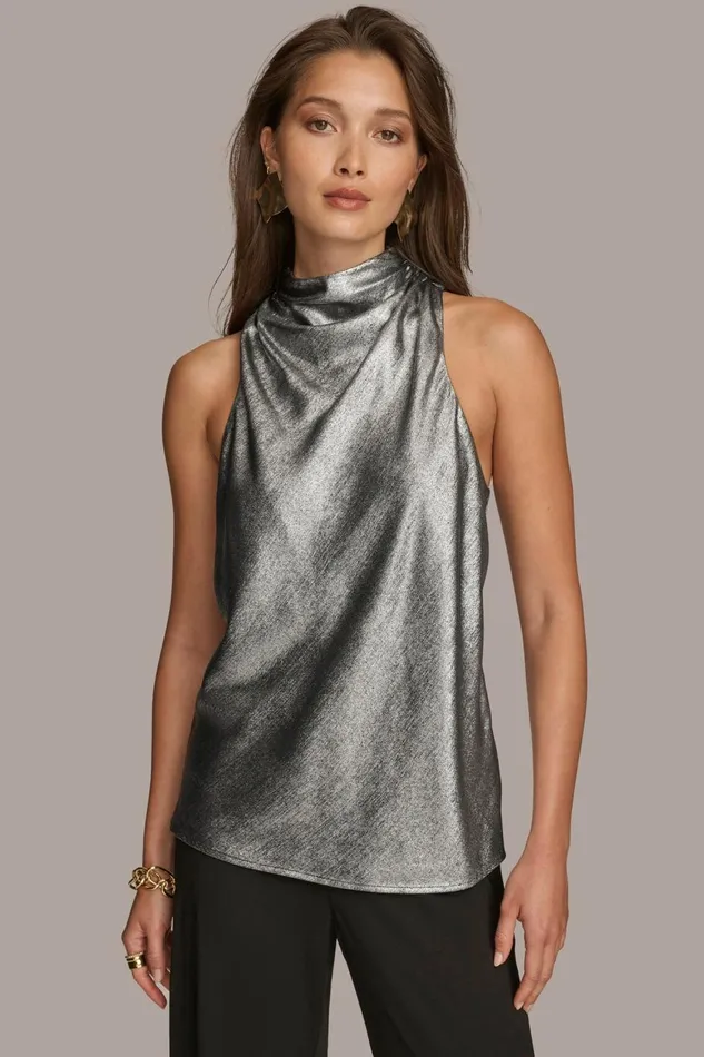Women Donna Karan Sweaters And Tops METALLIC HIGH COWL TOP Silver