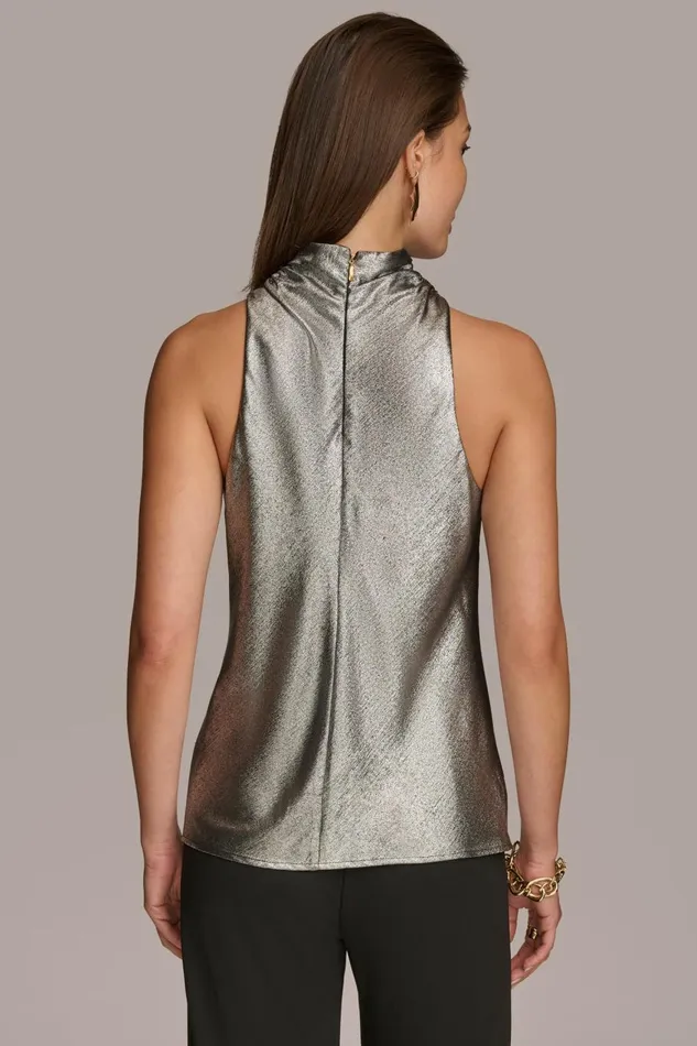 Women Donna Karan Sweaters And Tops METALLIC HIGH COWL TOP Silver
