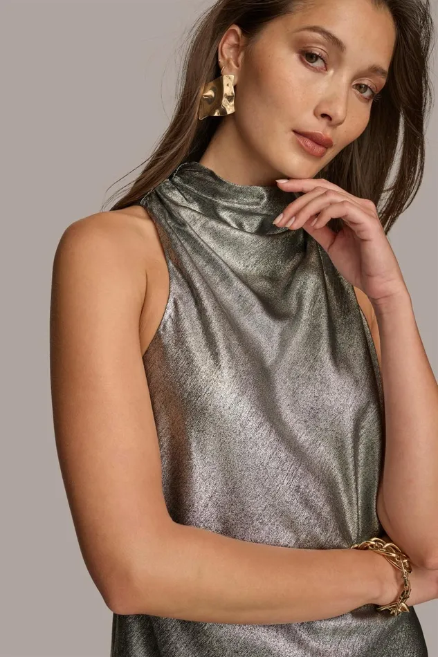 Women Donna Karan Sweaters And Tops METALLIC HIGH COWL TOP Silver